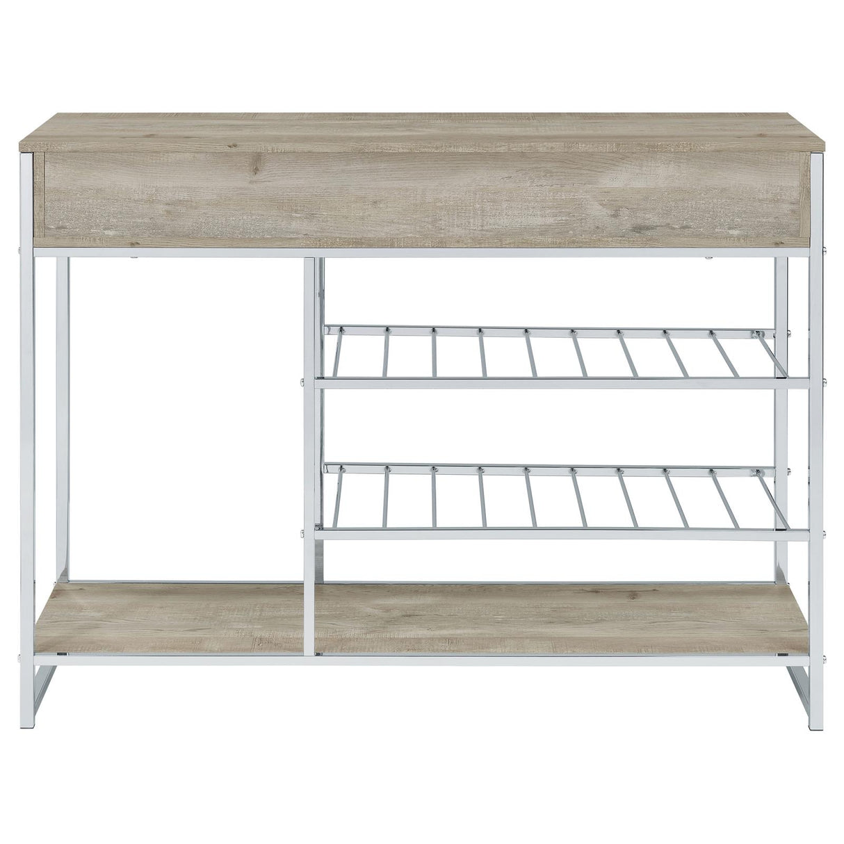 Melrose Gray Washed Oak and Chrome 2-Shelf Wine Cabinet with 2-Drawers from Coaster - Luna Furniture