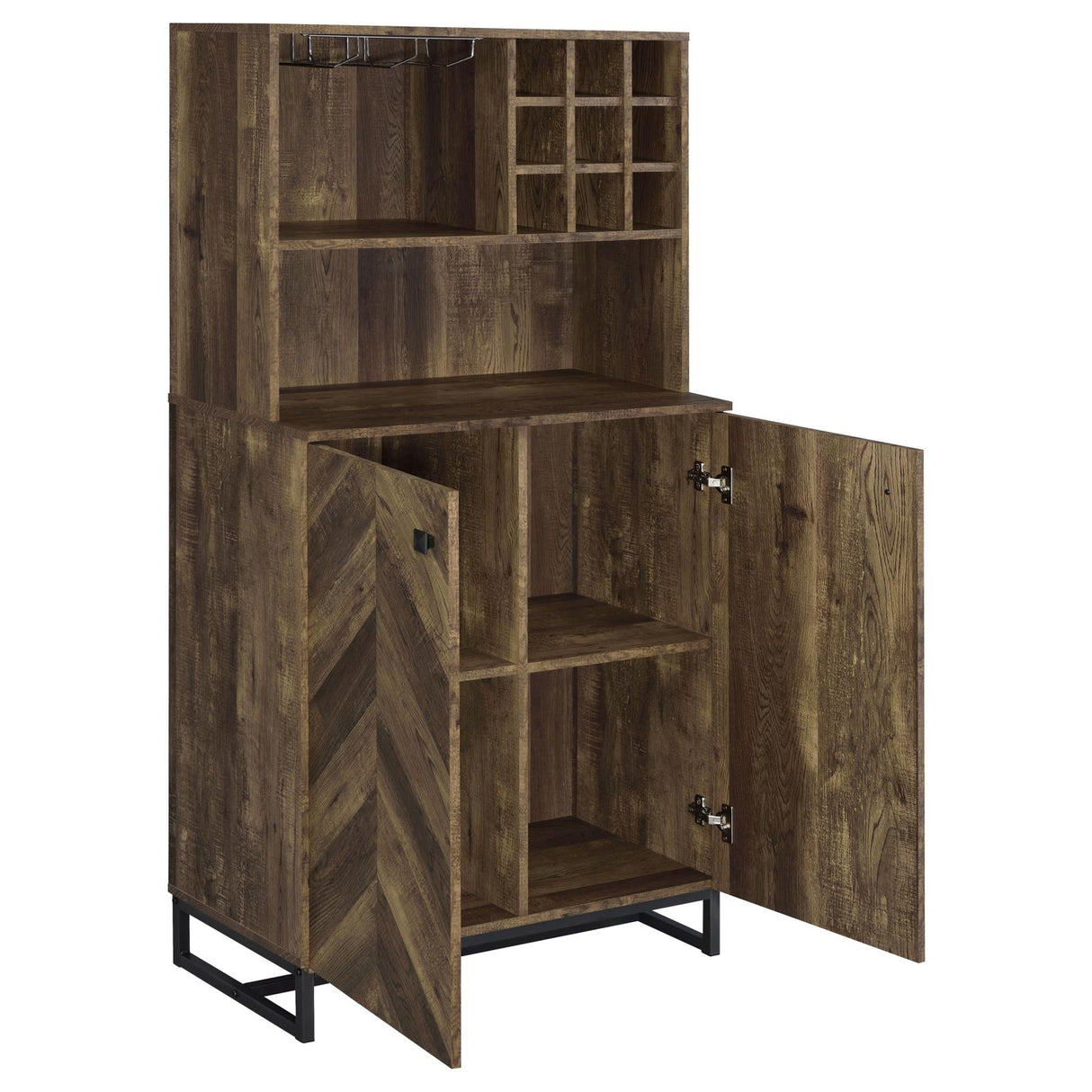 Mendoza Rustic Oak Herringbone and Gunmetal 2-Door Wine Cabinet from Coaster - Luna Furniture