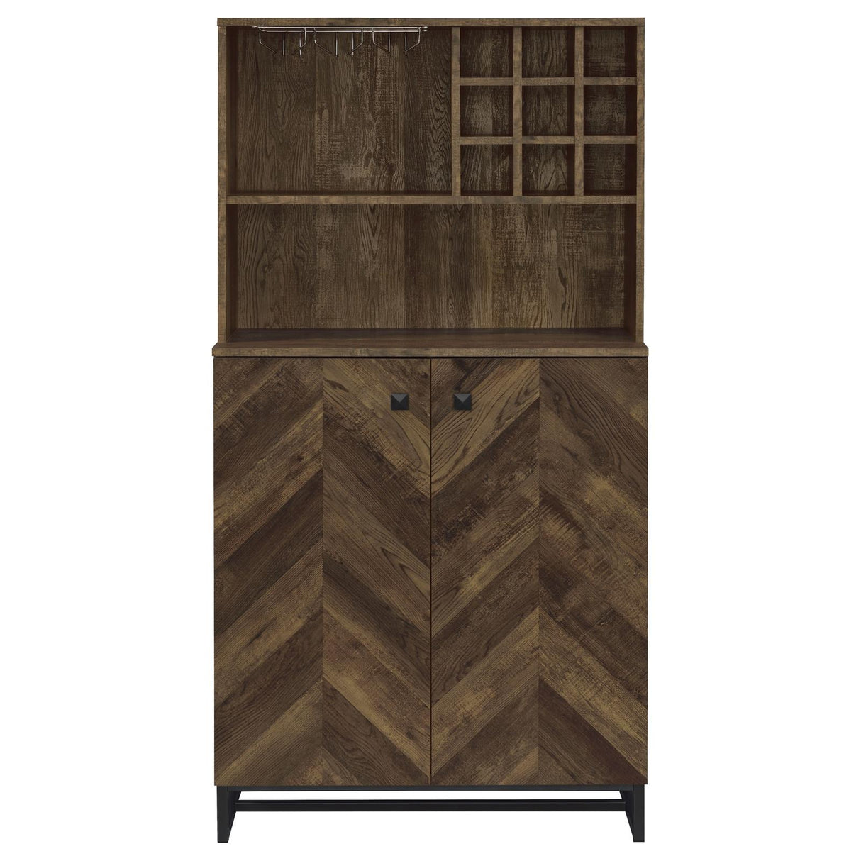 Mendoza Rustic Oak Herringbone and Gunmetal 2-Door Wine Cabinet from Coaster - Luna Furniture