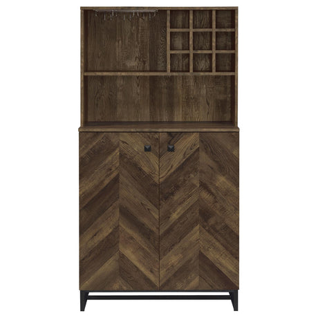 Mendoza Rustic Oak Herringbone and Gunmetal 2-Door Wine Cabinet from Coaster - Luna Furniture