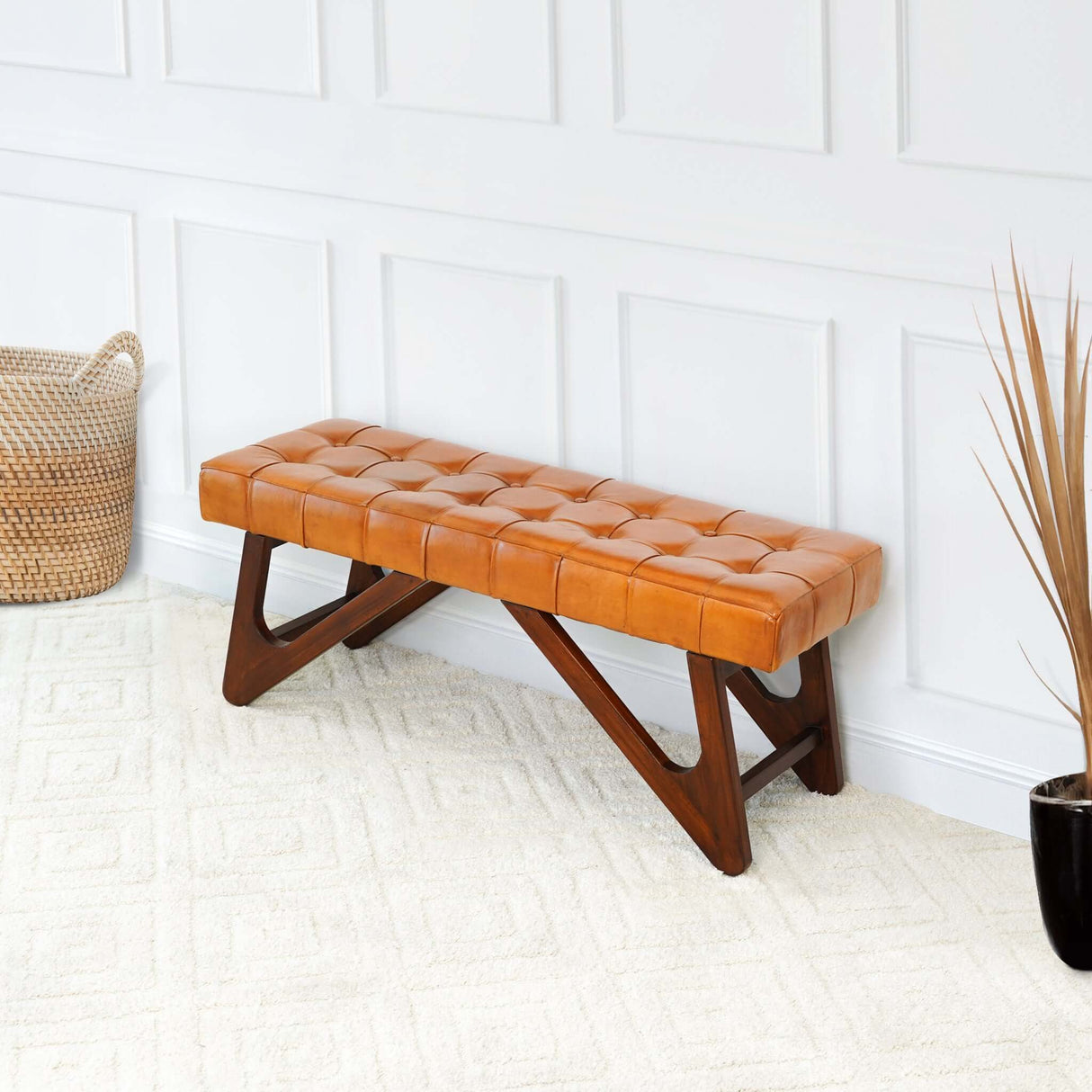 Mia Tan Leather Buttoned Bench from Midinmod - Luna Furniture