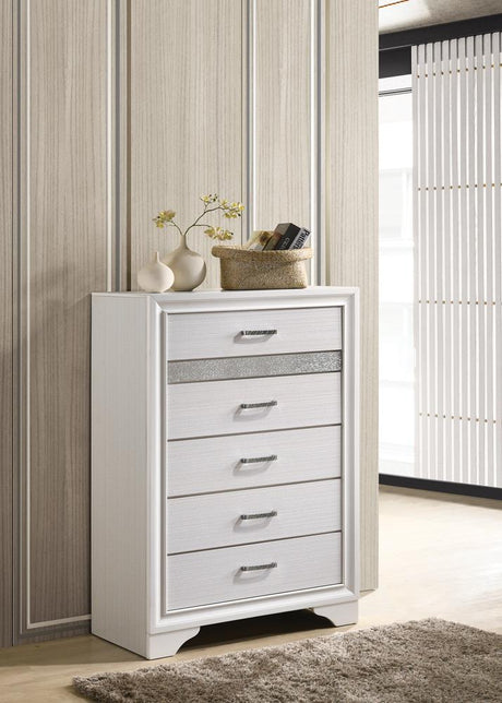 Miranda White and Rhinestone 5-Drawer Chest from Coaster - Luna Furniture