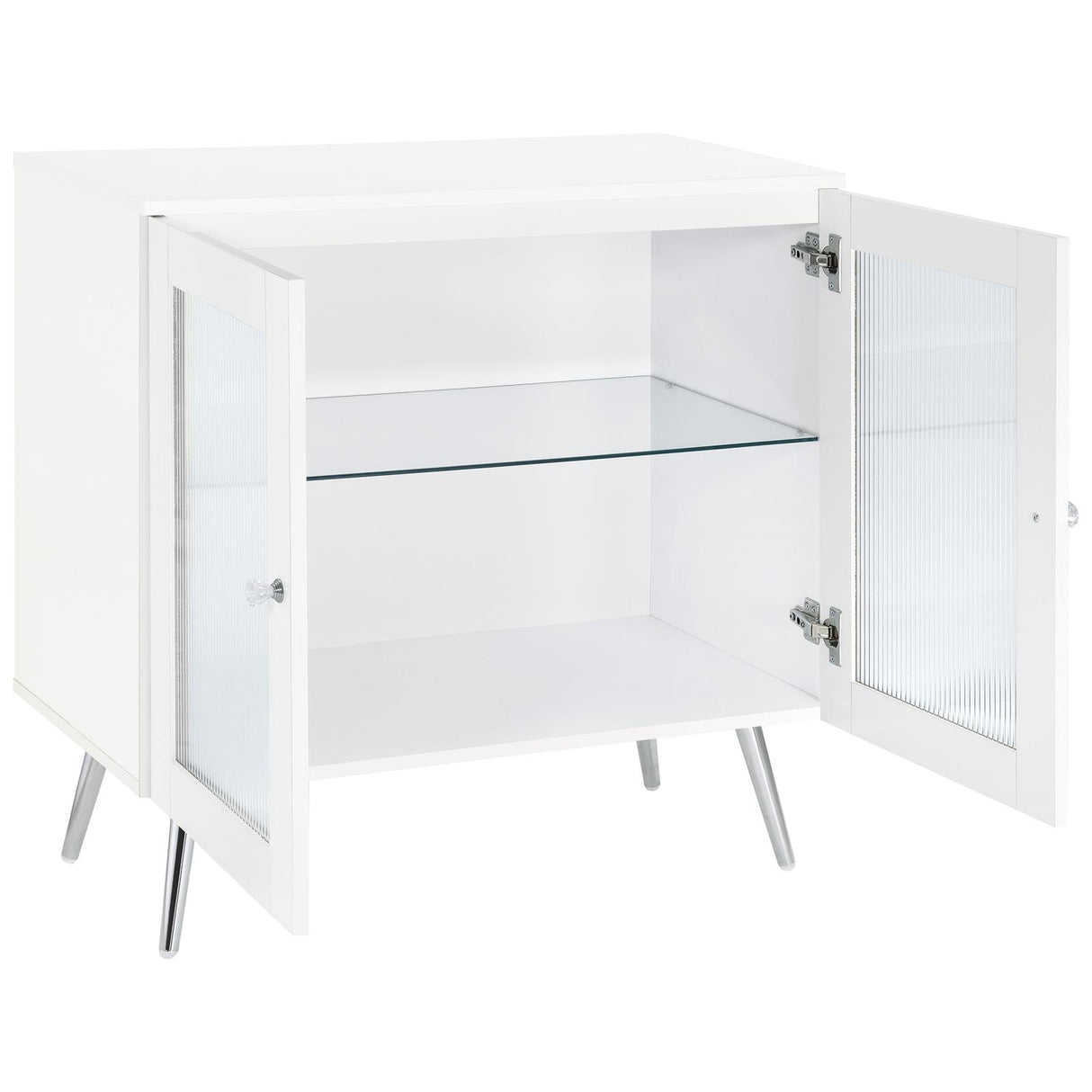 Nieta White High Gloss and Chrome 2-Tier Accent Cabinet with Glass Shelf from Coaster - Luna Furniture