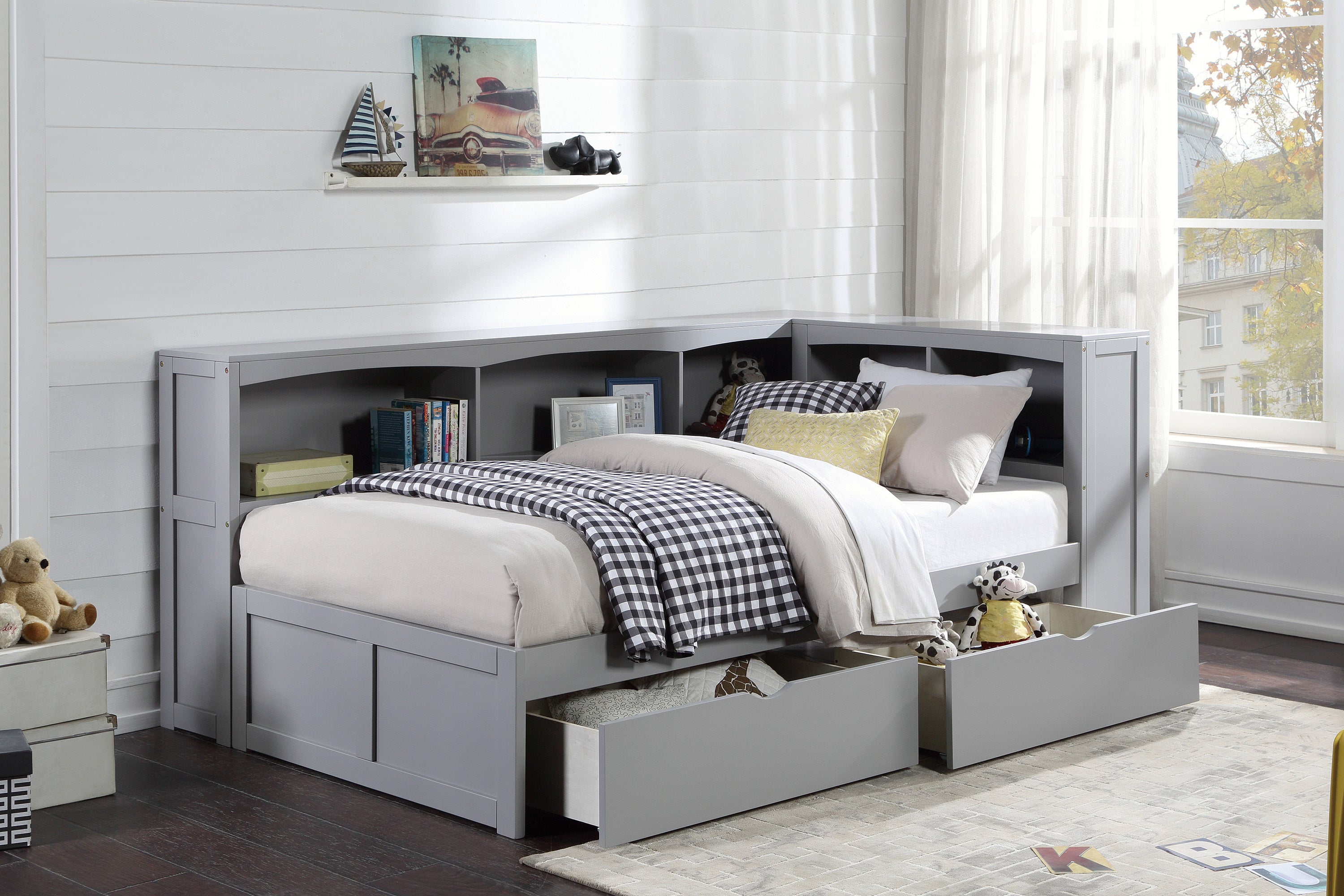 Orion Gray Twin Bookcase Corner Bed with Storage Boxes from Homelegance - Luna Furniture