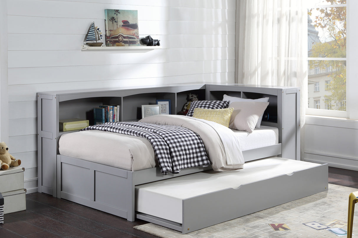 Orion Gray Twin Bookcase Corner Bed with Twin Trundle from Homelegance - Luna Furniture