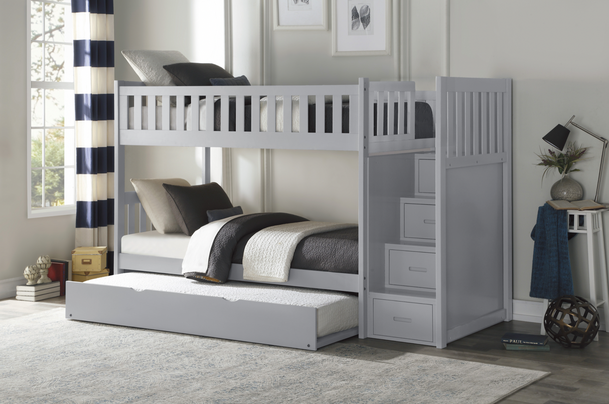 Orion Gray Twin/Twin Step Bunk Bed with Twin Trundle from Homelegance - Luna Furniture