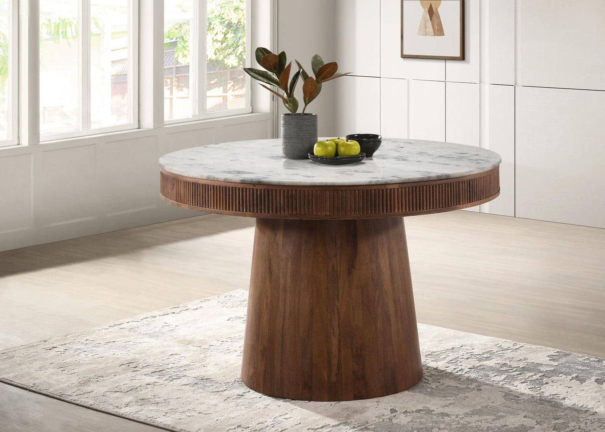 Ortega White and Natural Round Marble Top Solid Base Dining Table from Coaster - Luna Furniture