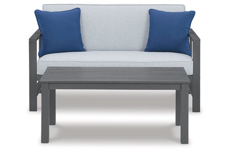 Fynnegan Gray Outdoor Loveseat with Table, Set of 2
