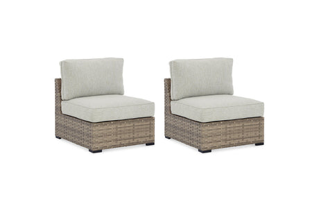 Calworth Beige Outdoor Armless Chair with Cushion, Set of 2