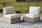 Calworth Beige Outdoor Armless Chair with Cushion, Set of 2