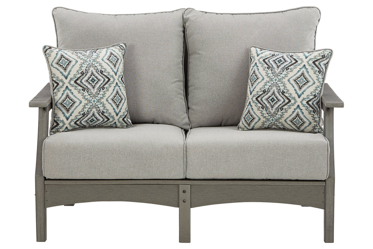 Visola Gray Outdoor Loveseat with Cushion from Ashley - Luna Furniture