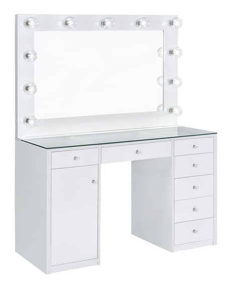 Percy White 7-Drawer Glass Top Vanity Desk with Lighting from Coaster - Luna Furniture