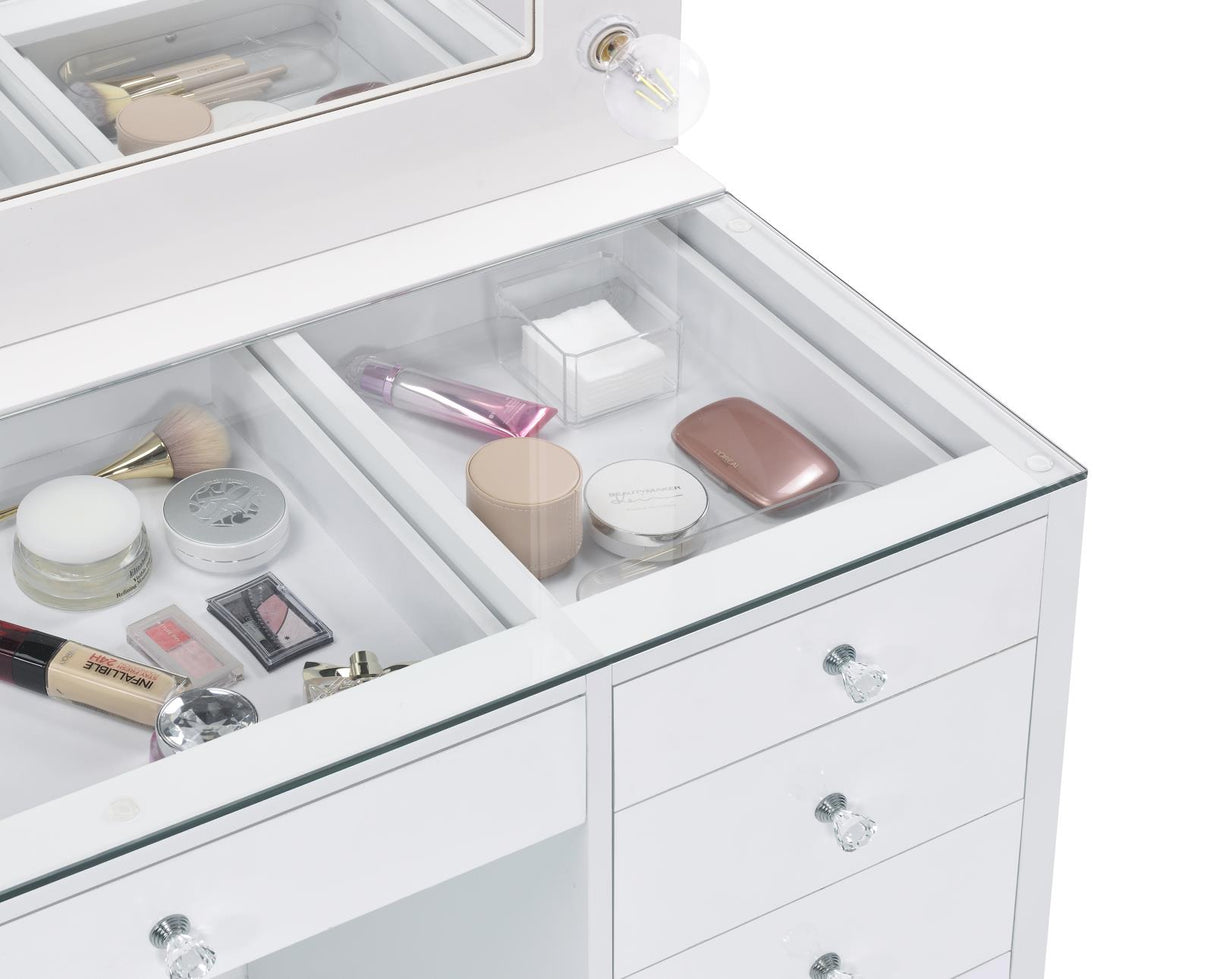 Percy White 7-Drawer Glass Top Vanity Desk with Lighting from Coaster - Luna Furniture