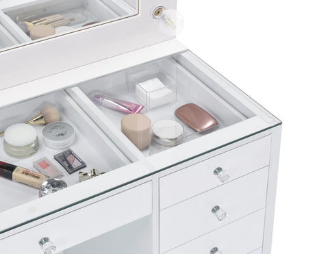 Percy White 7-Drawer Glass Top Vanity Desk with Lighting from Coaster - Luna Furniture
