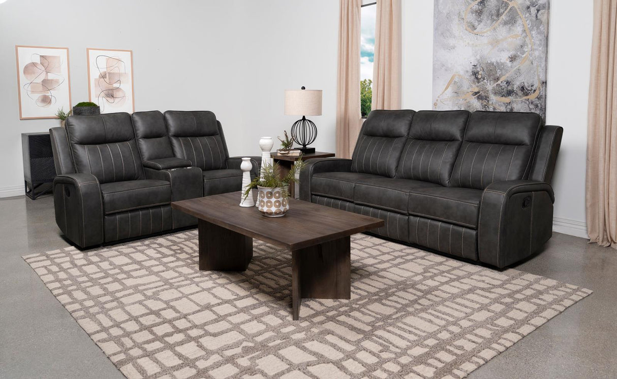 Raelynn Gray Upholstered Motion Reclining Living Room Set from Coaster - Luna Furniture