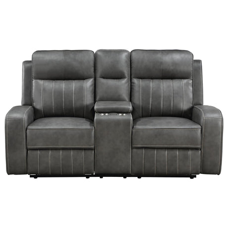 Raelynn Gray Upholstered Motion Reclining Loveseat from Coaster - Luna Furniture