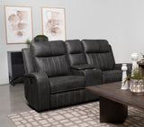 Raelynn Gray Upholstered Motion Reclining Loveseat from Coaster - Luna Furniture