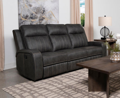 Raelynn Gray Upholstered Motion Reclining Sofa from Coaster - Luna Furniture