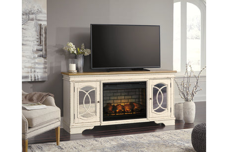 Realyn Chipped White 74" TV Stand with Electric Fireplace from Ashley - Luna Furniture