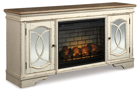Realyn Chipped White 74" TV Stand with Electric Fireplace from Ashley - Luna Furniture
