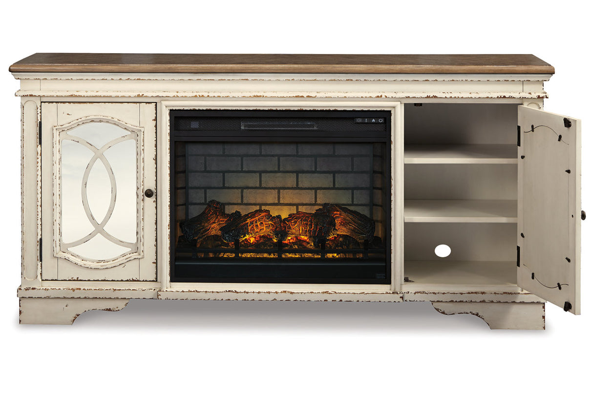 Realyn Chipped White 74" TV Stand with Electric Fireplace from Ashley - Luna Furniture