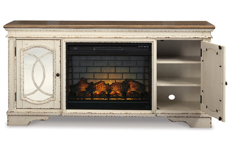 Realyn Chipped White 74" TV Stand with Electric Fireplace from Ashley - Luna Furniture