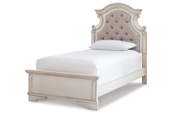 Realyn Chipped White Twin Upholstered Panel Bed