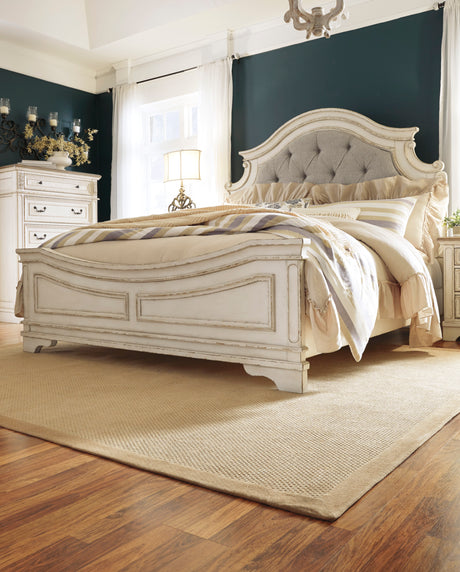 Realyn Chipped White Upholstered Panel Bedroom Set from Ashley - Luna Furniture