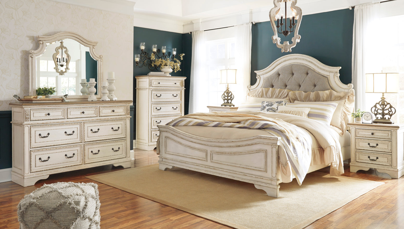 Realyn Chipped White Upholstered Panel Bedroom Set from Ashley - Luna Furniture