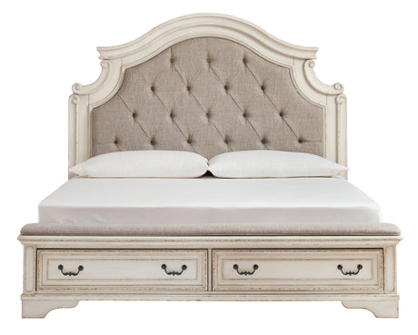 Realyn Chipped White Upholstered Storage Platform Bedroom Set with Footboard Bench from Ashley - Luna Furniture