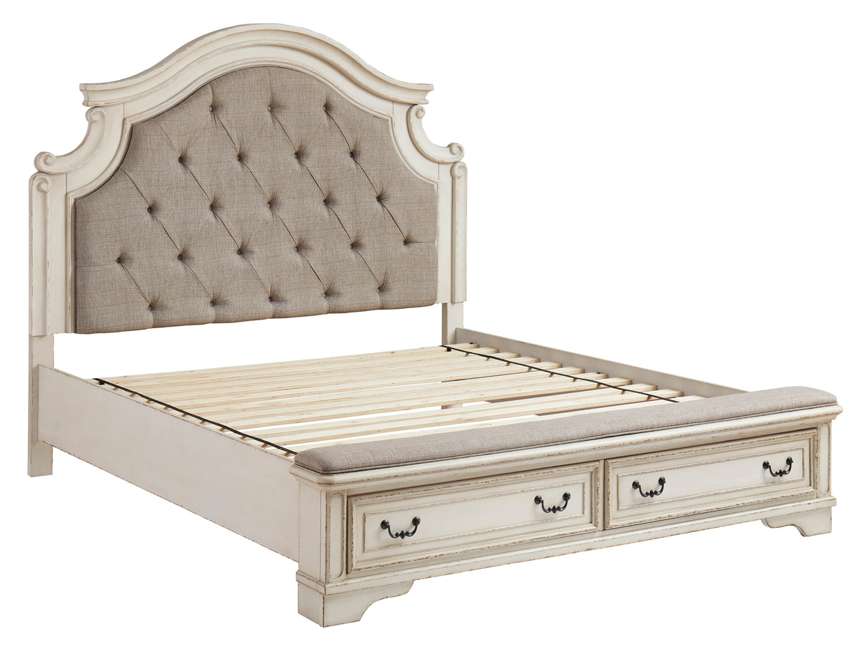 Realyn Chipped White Upholstered Storage Platform Bedroom Set with Footboard Bench from Ashley - Luna Furniture