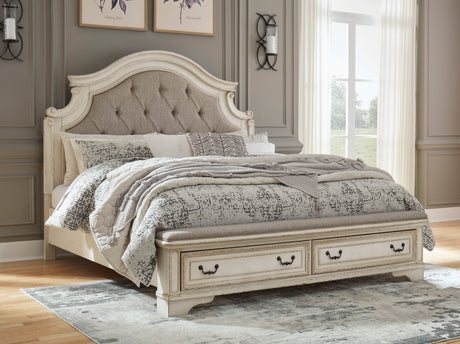 Realyn Chipped White Upholstered Storage Platform Bedroom Set with Footboard Bench from Ashley - Luna Furniture