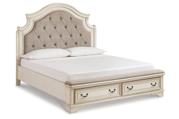 Realyn Two-tone King Upholstered Storage Platform Bed with Footboard Bench