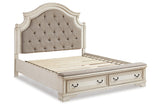Realyn Two-tone Queen Upholstered Storage Platform Bed with Footboard Bench from Ashley - Luna Furniture