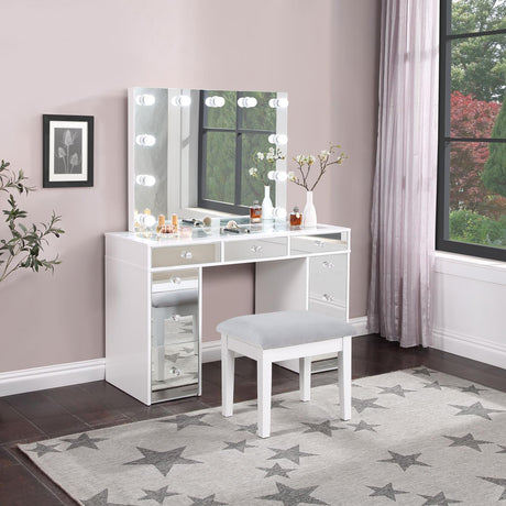 Regina White 3-Piece Makeup Vanity Table Set Hollywood Lighting and Mirror from Coaster - Luna Furniture