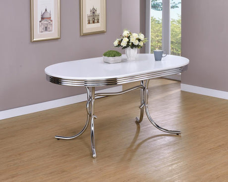 Retro Glossy White and Chrome Oval Dining Table from Coaster - Luna Furniture