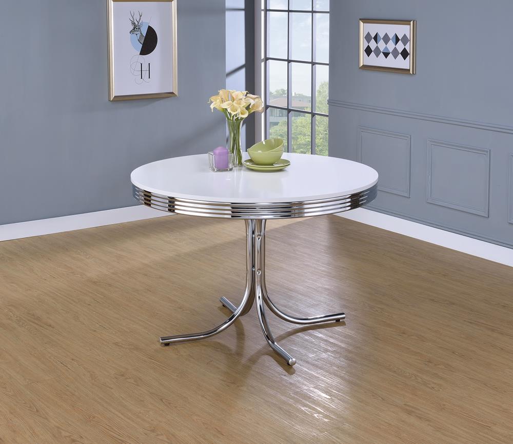 Retro Glossy White and Chrome Round Dining Table from Coaster - Luna Furniture