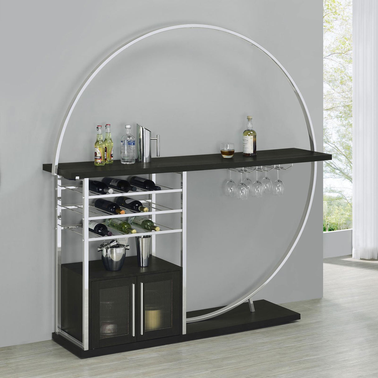 Risley Dark Charcoal 2-Door Circular LED Home Bar with Wine Storage from Coaster - Luna Furniture