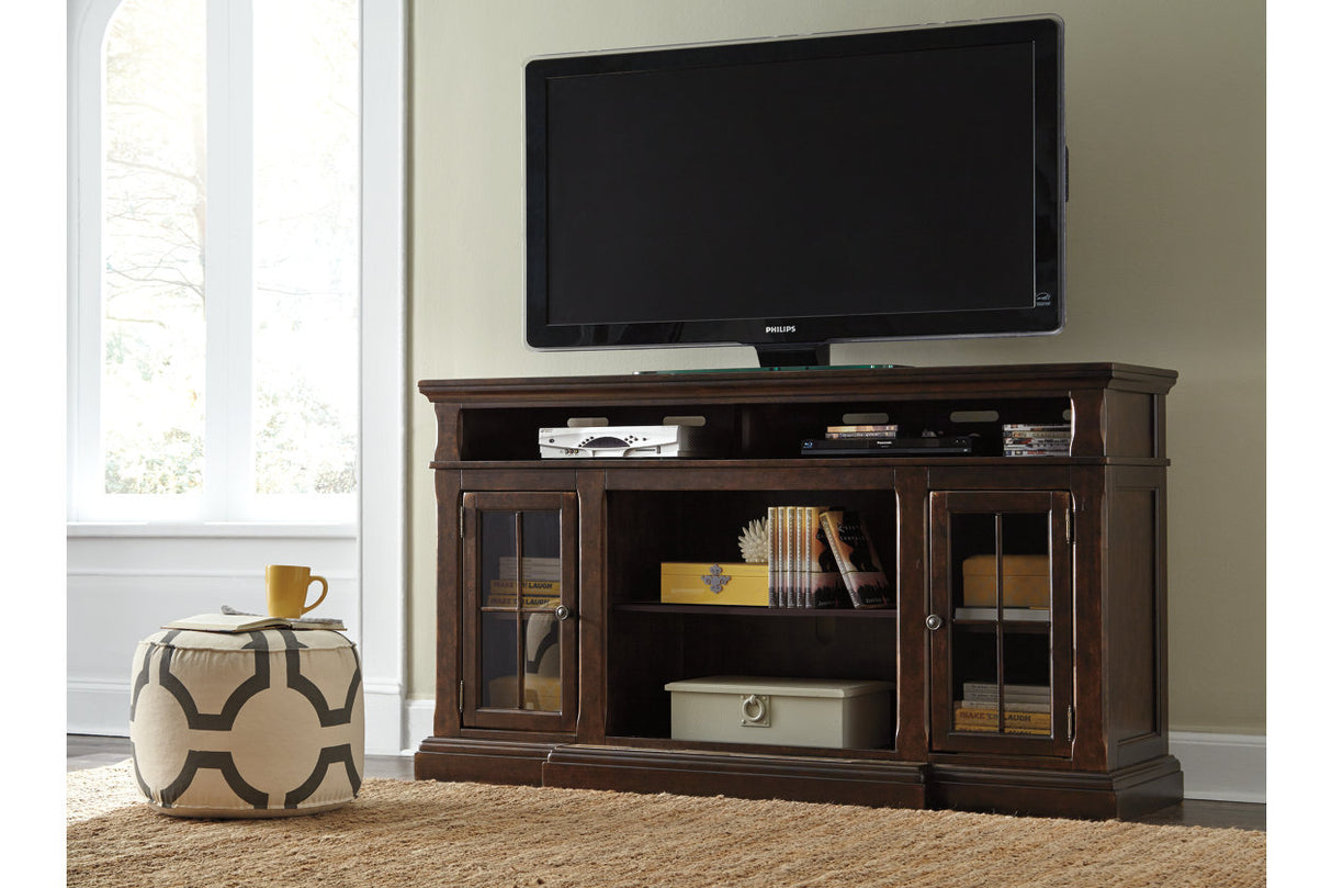 tobacco brown tv stand Simpli Home Warm Shaker Transitional (Accommodates TVs up to 50-in) AXWSH004-TB at The two side storage cabinets open to one adjustable shelf Wood and Metal TV Stand