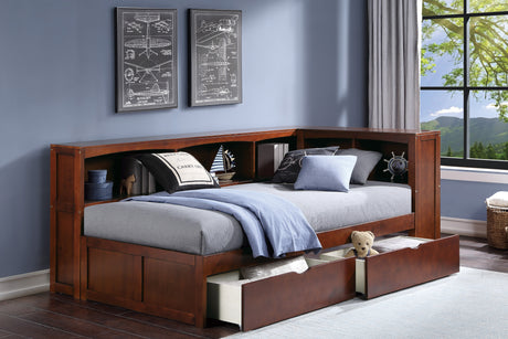 Rowe Dark Cherry Twin Bookcase Corner Bed with Storage Boxes from Homelegance - Luna Furniture