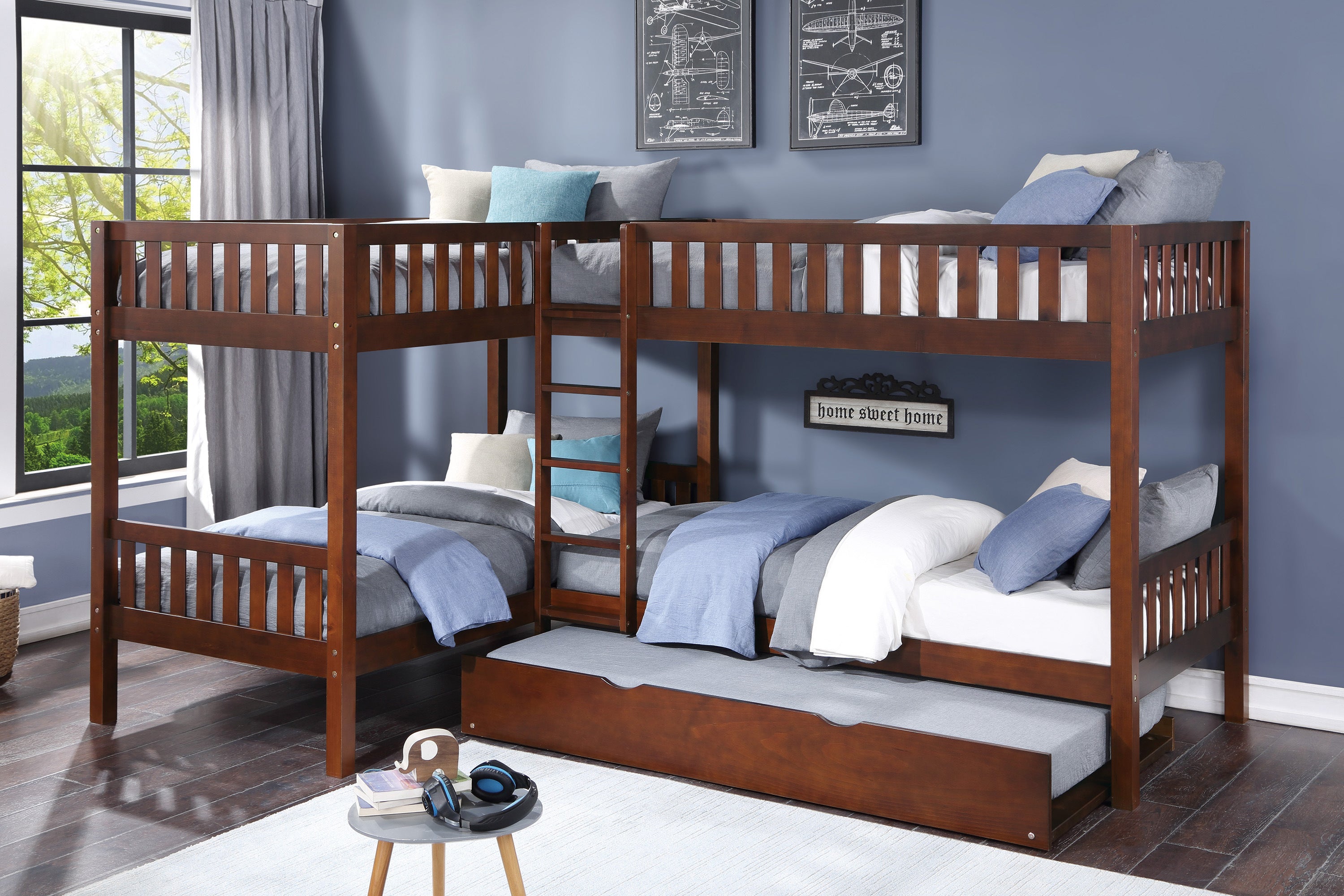 Rowe Dark Cherry Twin Corner Bunk Bed with Twin Trundle from Homelegance - Luna Furniture