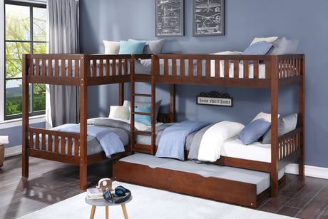 Rowe Dark Cherry Twin Corner Bunk Bed with Twin Trundle from Homelegance - Luna Furniture