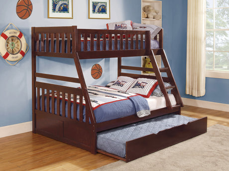 Rowe Dark Cherry Twin/Full Bunk Bed with Twin Trundle from Homelegance - Luna Furniture
