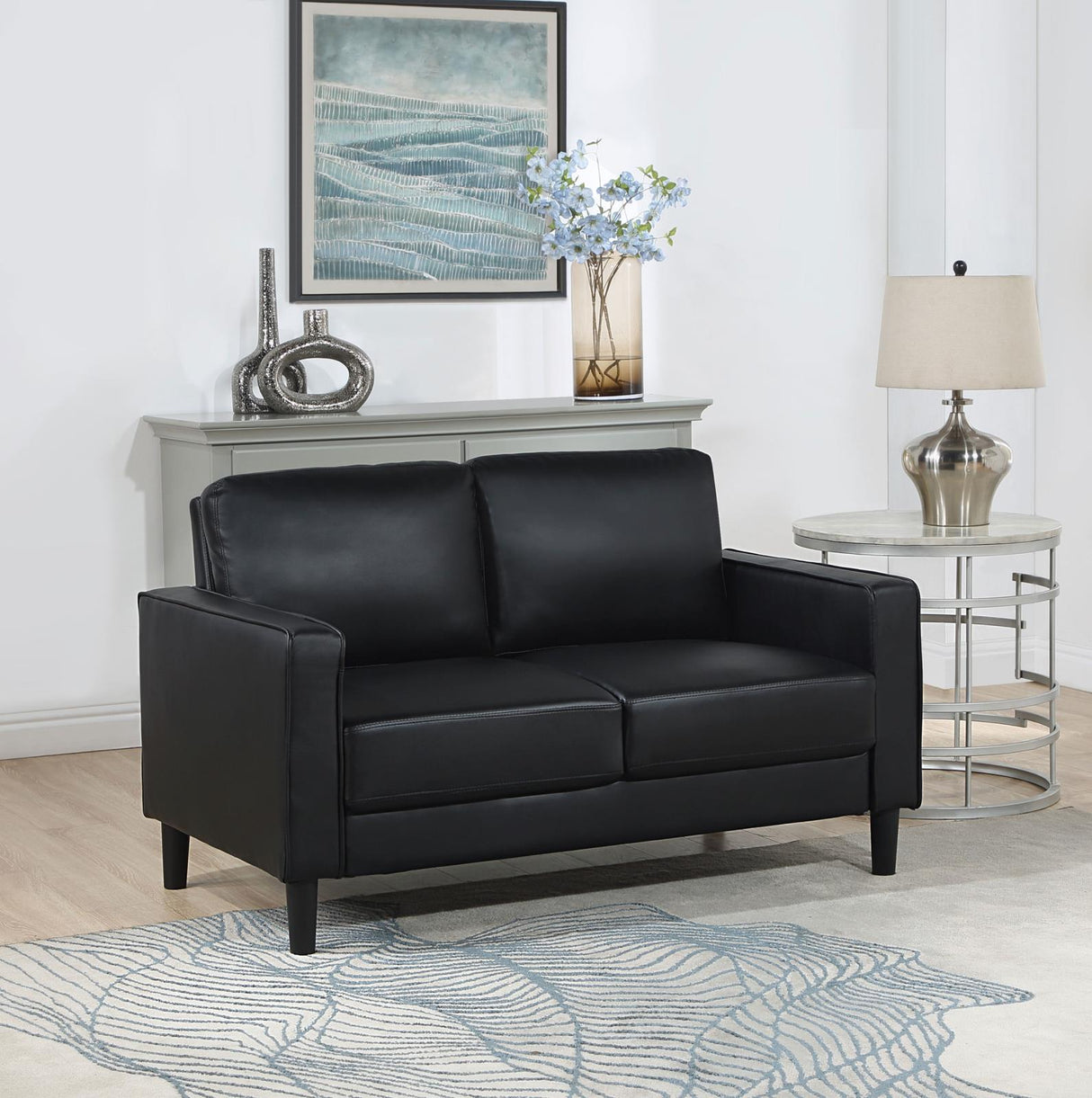Ruth Black Upholstered Track Arm Faux Leather Loveseat from Coaster - Luna Furniture