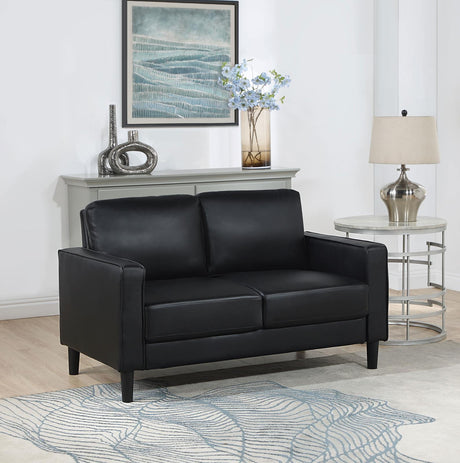 Ruth Black Upholstered Track Arm Faux Leather Loveseat from Coaster - Luna Furniture