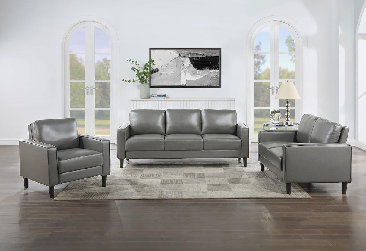 Ruth Gray Upholstered Track Arm Faux Leather Loveseat from Coaster - Luna Furniture