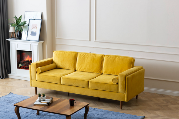 Troya Mustard Velvet Sofa With Reversible Cushions