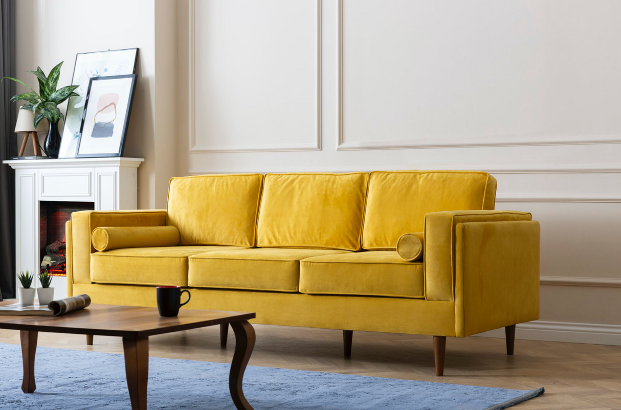 Troya Mustard Velvet Sofa With Reversible Cushions