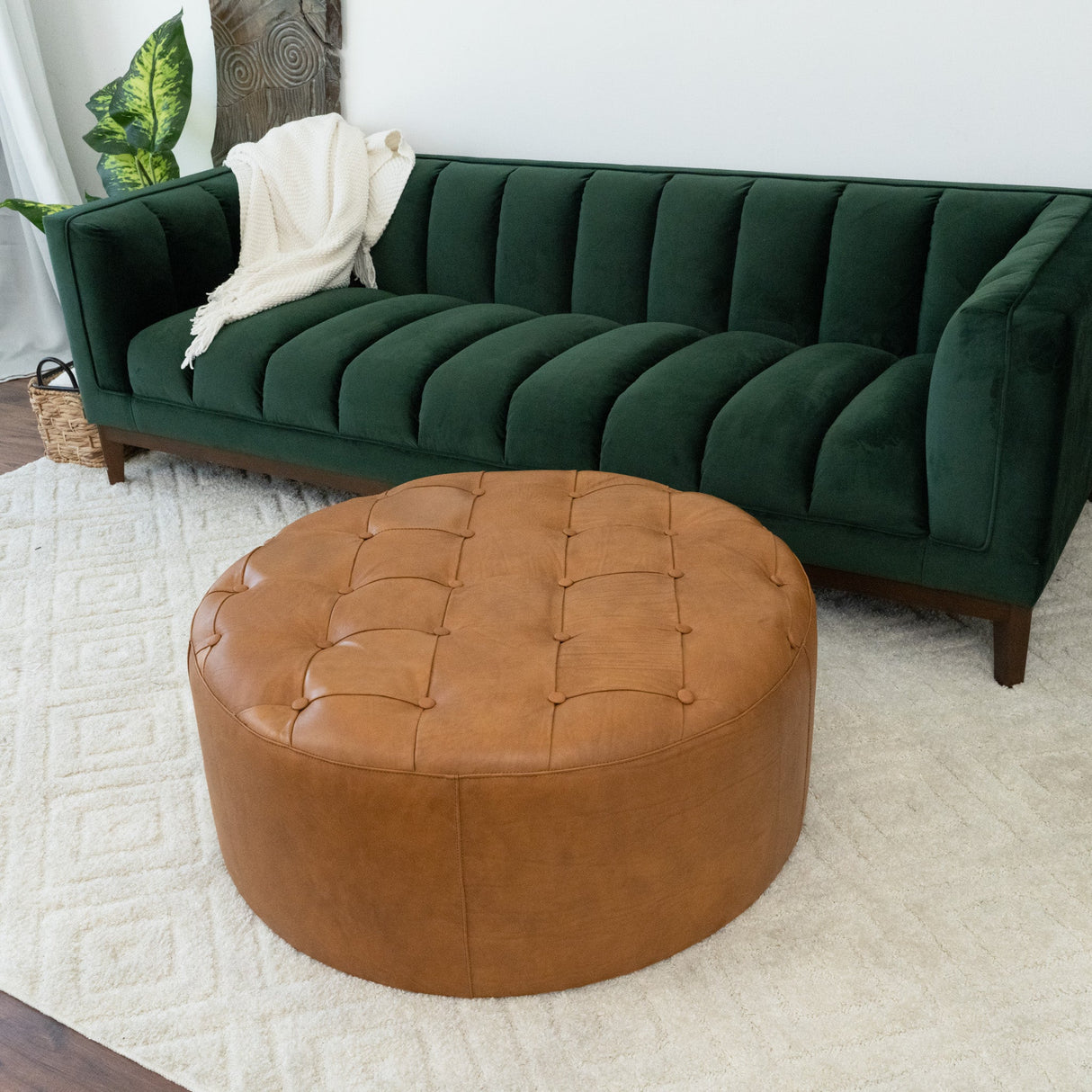 Seletar Mid-Century Modern Tan Leather Ottoman from Midinmod - Luna Furniture