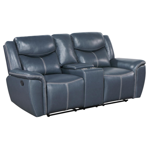 Sloane Blue Upholstered Motion Reclining Loveseat with Console